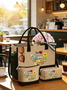 1 Set Including Makeup Bag, Makeup Organizer, Teacher Letter Pattern Design, Reusable Shopping Tote Bag, Tote Bag With Shoulder Strap, Personalized Gift Bag With Side Pocket, Beach Bag With Scarf, Teacher's Day Gift, Suitable For Holiday