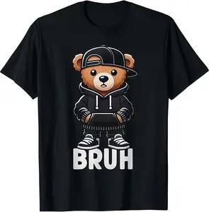 Funny Bruh Meme Teddy Bear Graphic Tee T Shirt for Men Hip Hop Style Tee Streetwear Trend Cool Print Men's T Shirts Casual Outfit Funny T Shirt 90s Graphic Tees Good Graphic Tees Gift Idea Black Style