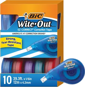 BIC Wite-Out EZ Correct Tear-Resistant Correction Tape with 39.3 Ft of Tape, 10-Count Pack in White