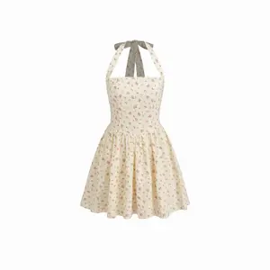 Cider Cotton Halter Neckline Floral Ruffle Mini Dress
