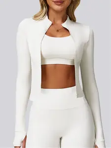 Women's Solid Color Zip Up Thumb Hole Design Lightweight Sports Yoga Jacket Top, Long Sleeve Outerwear for Gym Workout, Ladies Sportswear for Indoor Outdoor Wear