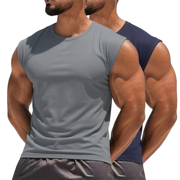 Set of 2 vests suitable for fitness training and everyday wear: basic T-shirt, basketball vest, men’s sports vest, solid-color crew-neck casual athletic vest