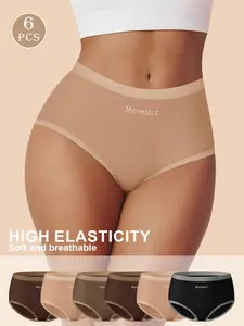 Women's Plain High-Waisted Comfortable Underwear Set, 6-Pack Sporty Design, Ideal for Daily Wear All Seasons