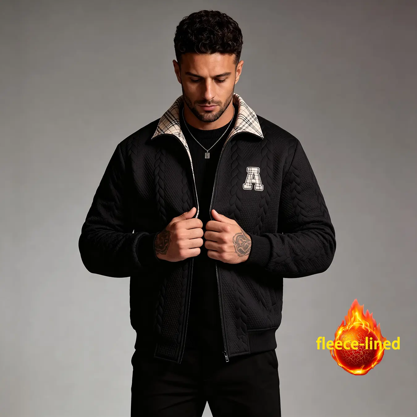 Men’s quilted bomber jacket lined with fleece, varsity-style coat with “A” letter patch and plaid collar, full-zip design with ribbed cuffs, casual winter outerwear