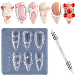 Fcozpjk Silicone Nail Molds, 3D Cake Cream Nail Art Mold with Carving Pen Happy Birthday Nail Design Creamy Bow Hearts Charms Clear Modeling Templates Mold for Resin Epoxy Professional Supplies