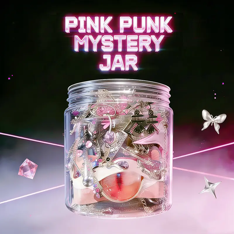 Jollyhit Y2K Punk Mystery Jewelry Jar | 30-Piece Pink&Sliver lightweight and petite Costume jewelry sets mix with Futuristic cute E-girl aesthetic Cute but Edgy Soft Punk jewelry jar summerwins