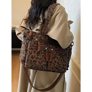 1pc Leopard Print Corduroy Tote Bag For Women, Fashion, Large Capacity, Multi-Pocket, Detachable Adjustable Shoulder Strap, Suitable For Casual, Shopping, Travel, Business, Campus, Party, Gift , Office Bag