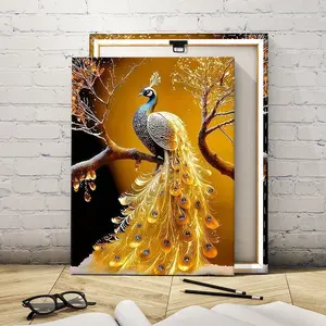 Wooden Frame Canvas Poster, Golden Feather Peacock Art, Animal Pattern Decor, Modern Living Room Wall Art, Fashion Bedroom Decoration, Artwork