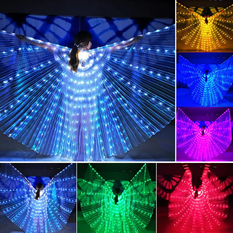 LED Multicolor Butterfly Wings Costume - 4.75FT Glow-In-The-Dark Fluorescent Belly Dance Cape UV Reactive Performance Attire For 5'3"-5'10" Height Rave Party Stage Show Adjustable Straps UV Blacklight Accessory