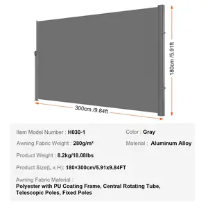 VEVOR Retractable Side Awning, 71''x 118'' Aluminum Outdoor Privacy Screen, 280g Polyester Water-proof Retractable Patio Screen, UV 30+ Room Divider Wind Screen for Patio, Backyard, Balcony, Gray