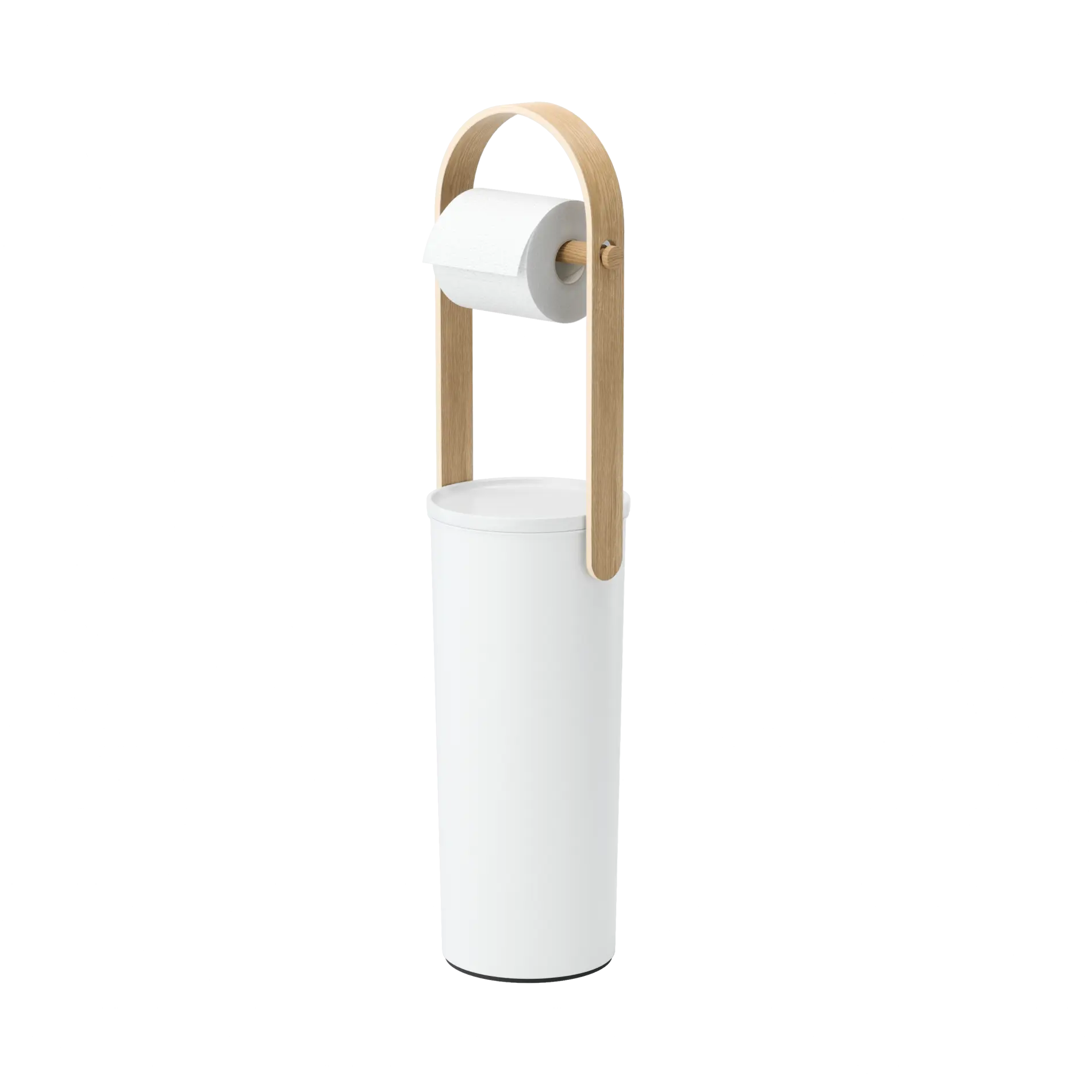 Umbra Bellwood Toilet Paper Holder & Reserve - Minimalist Woody Plastic-Wooden Bathroom Accessory with Functionality, Small Footprint, Built-In Tray, White, Ideal for Home Restrooms, Freestanding, Storage