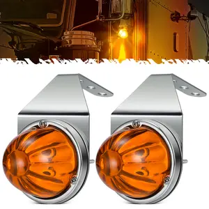 Partsam 2Pcs Amber Glass Lens Watermelon Lights with Stainless Steel Bracket, Amber LED Watermelon Mirror Turn Signal Lights Replacement for Kenworth Peterbilt Freightliner