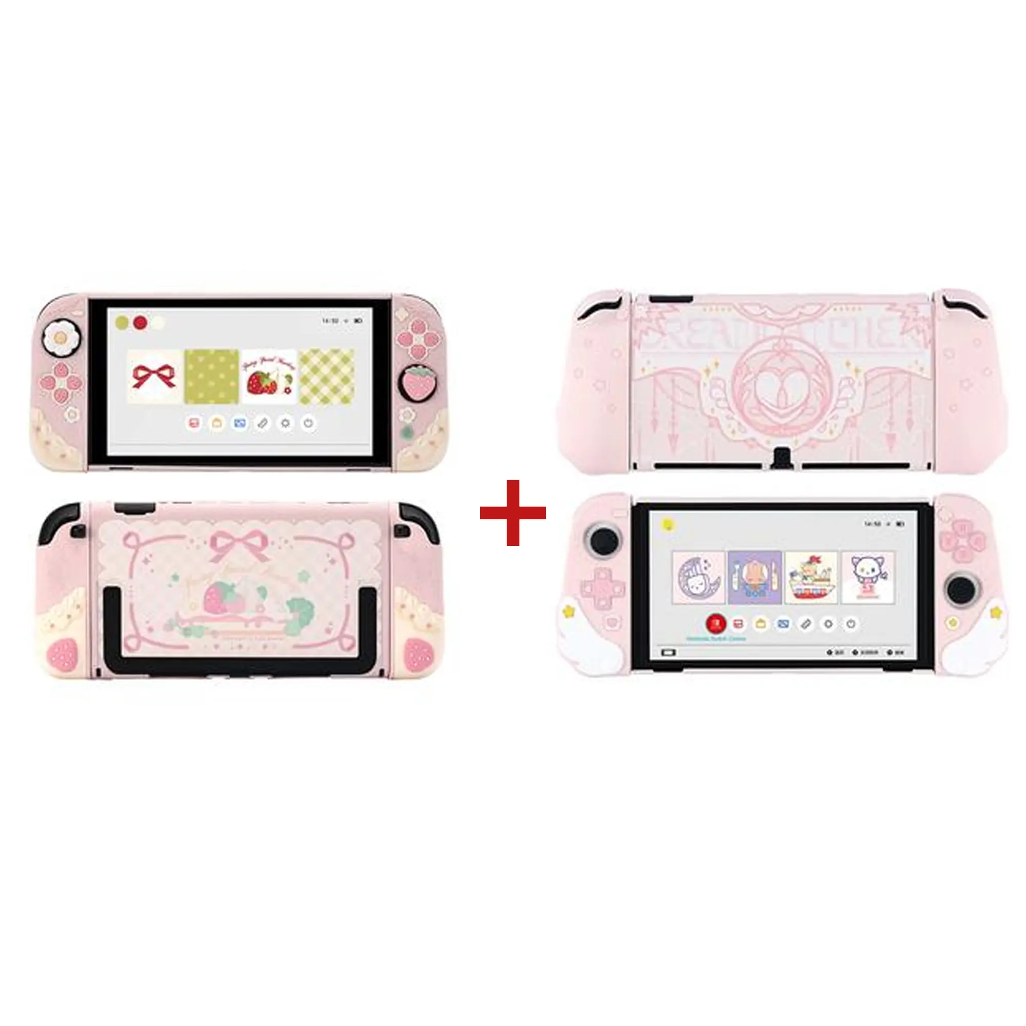 GeekShare Switch 2 Protective Case Bundle, 2-Pack Slim Separable Soft Silicone Shells with 2 Thumb Grip Caps, Cute Strawberry Dessert Design Series for Switch 2 Console - Pink