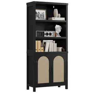 Farmhouse Bookshelves and Bookshelves with Door, 70" High Bookshelves with Three Levels of Open Storage, Floor Standing Display Shelves, Bookcases for Home, Office, Living room, Black