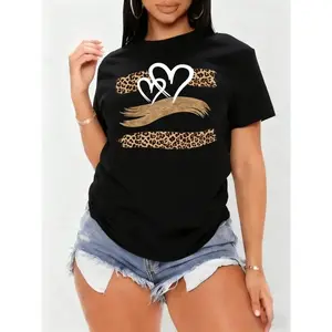 Leopard Print Heart Lips Graphic Tee Women Oversized Crewneck Short Sleeve Casual Loose Fit Soft Streetwear Top For Summer Vacation Daily Wear
