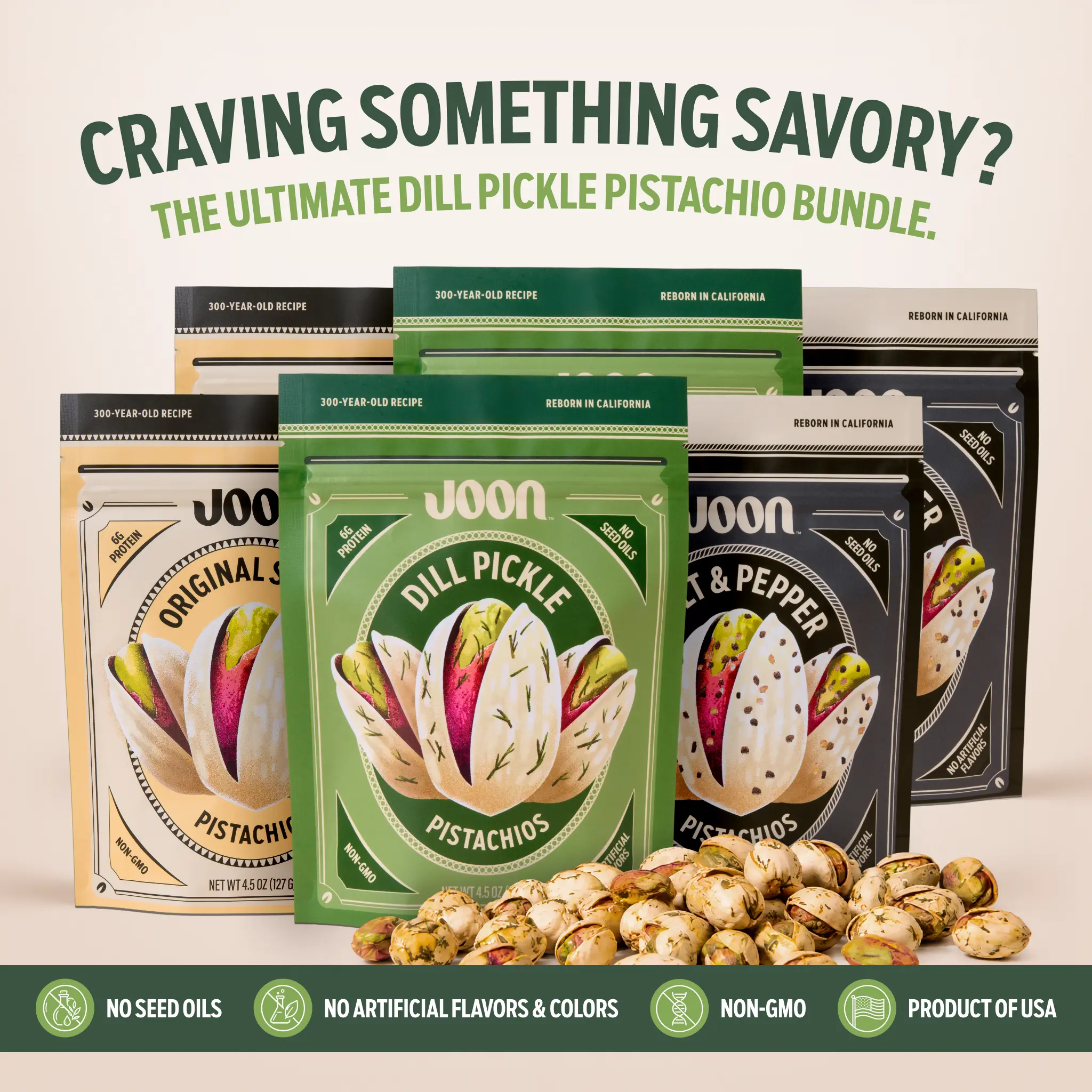 Joon Pistachios In Shell 6-Pack Sample Pack, Assorted Dill Pickle, Original Salted & Salt & Pepper Gourmet California Pistachios, Protein Crunchy Snack, No Seed Oils