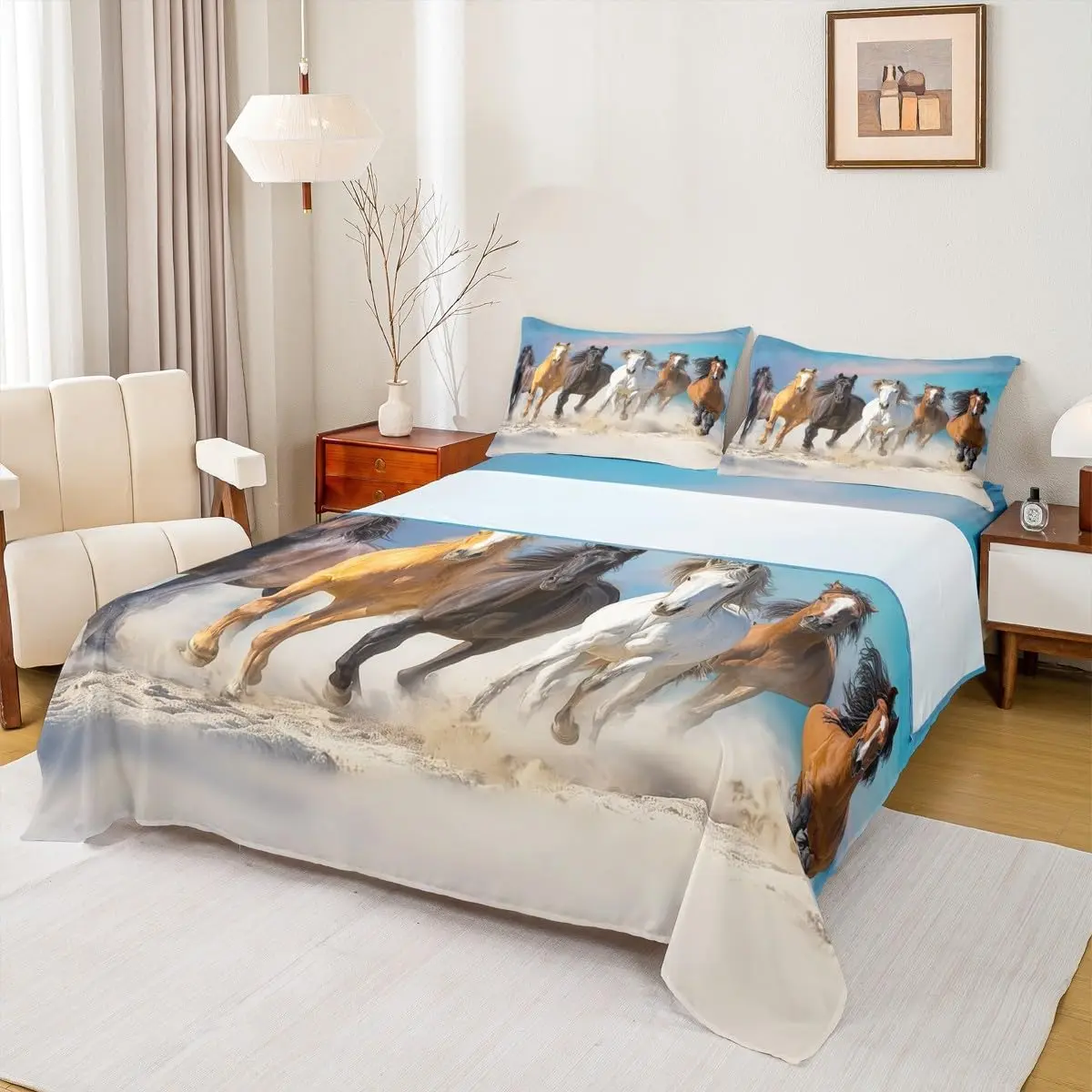 Horse Sheet Set Six Running Wild Horses Bed Sheet Adult,Farm Animal Bed Sheet Set Western Cowboy Fitted Sheet,Farmhouse Flat Sheet,Rustic Decor
