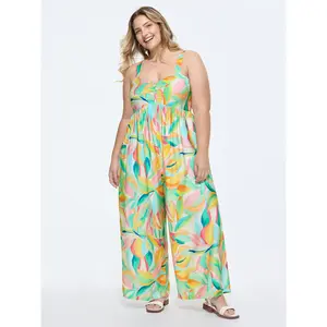 BLOOMCHIC Plus Size Colorful Floral Print Ruched Jumpsuit [M–6X], 2026 Summer Vibes Swimweek, Polyester, Nylon