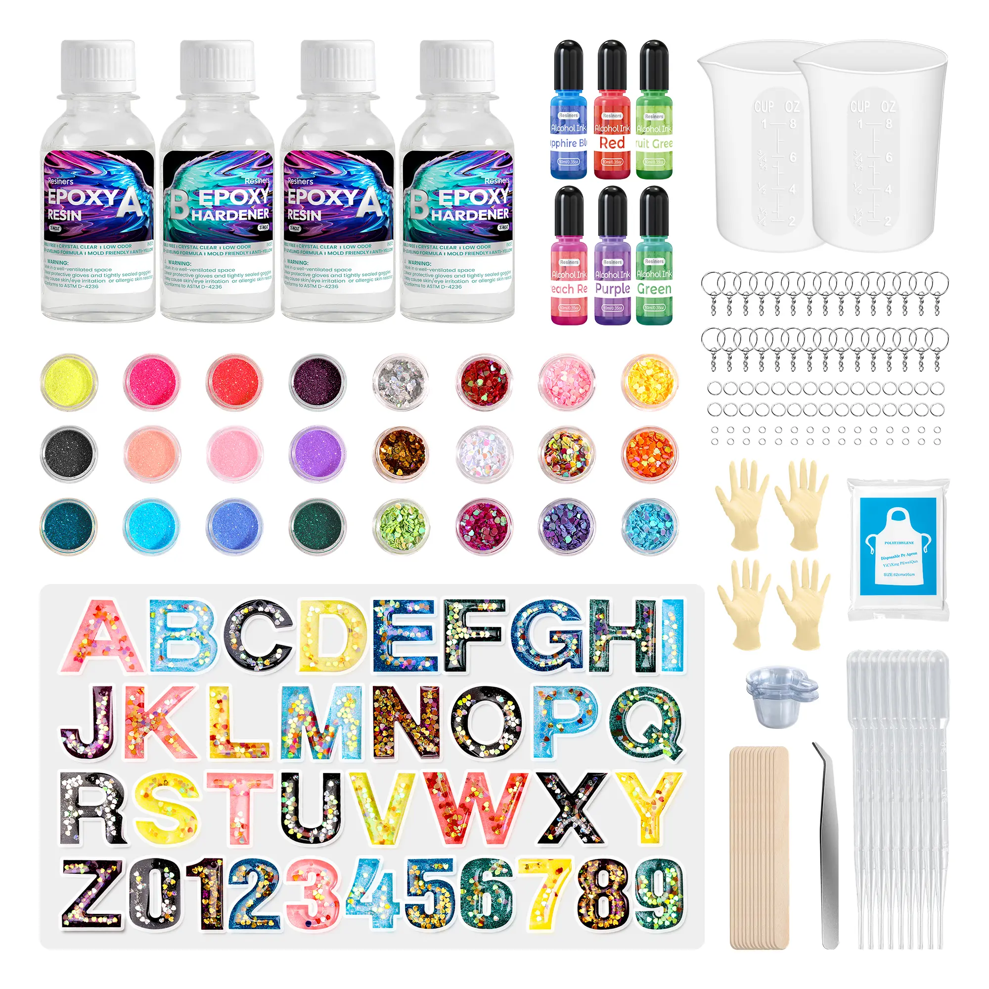 Resiners Alphabet Resin Complete Starter Kit for Beginners with Molds, for DIY Jewelry Accessories, Keychain, Pendant Making Crafts