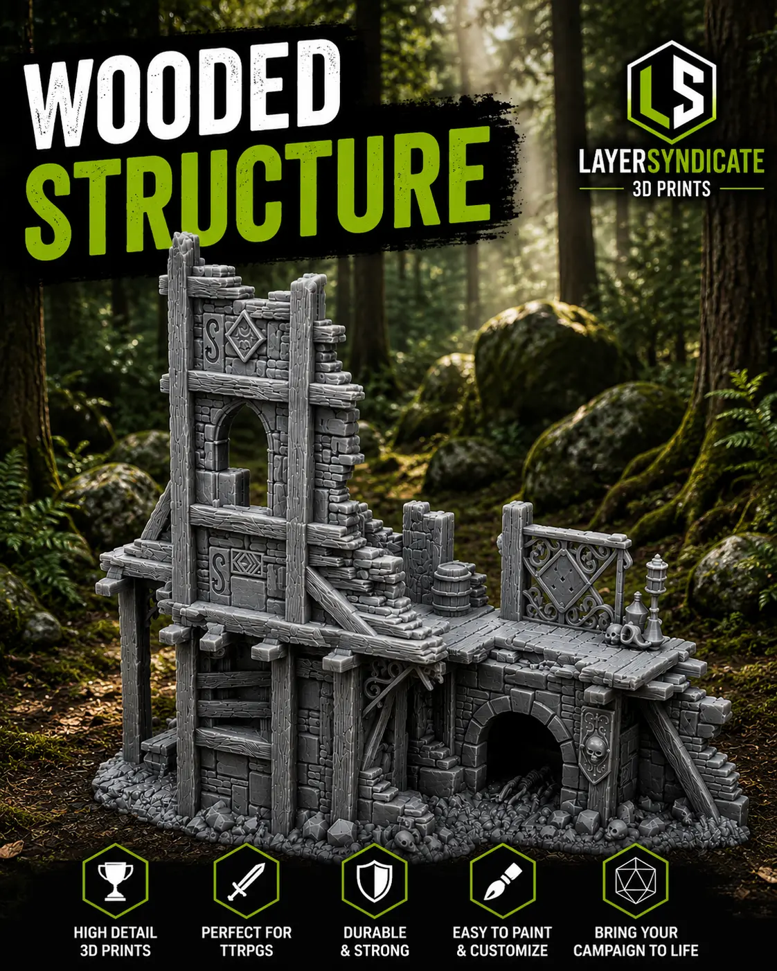 Wooded Structure | 3D Printed Fantasy Terrain | Forest Ruins for D&D