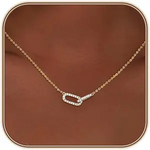 HERIER Diamond Pendant Necklace for Women, Dainty Gold Necklace 14k Gold Plated Paperclip Choker Necklaces Cute Open Oval Necklaces Simple Gold Necklace Jewelry Gifts for Women Trendy