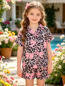 Kids Pajama Set, Flame-Resistant Knit Fabric, Casual Leopard Print, Button Front Short Sleeve, Loose Fit, All Seasons, Loose Fit Sleepwear, Knitted Fabric Sleepwear