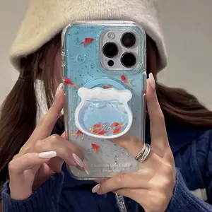 Gradient Aqua Blue Cute Little Goldfish MagSafe Grip Talk Wireless Charging Case for IPhone 17 16 Shake Magnetic Phone Holder
