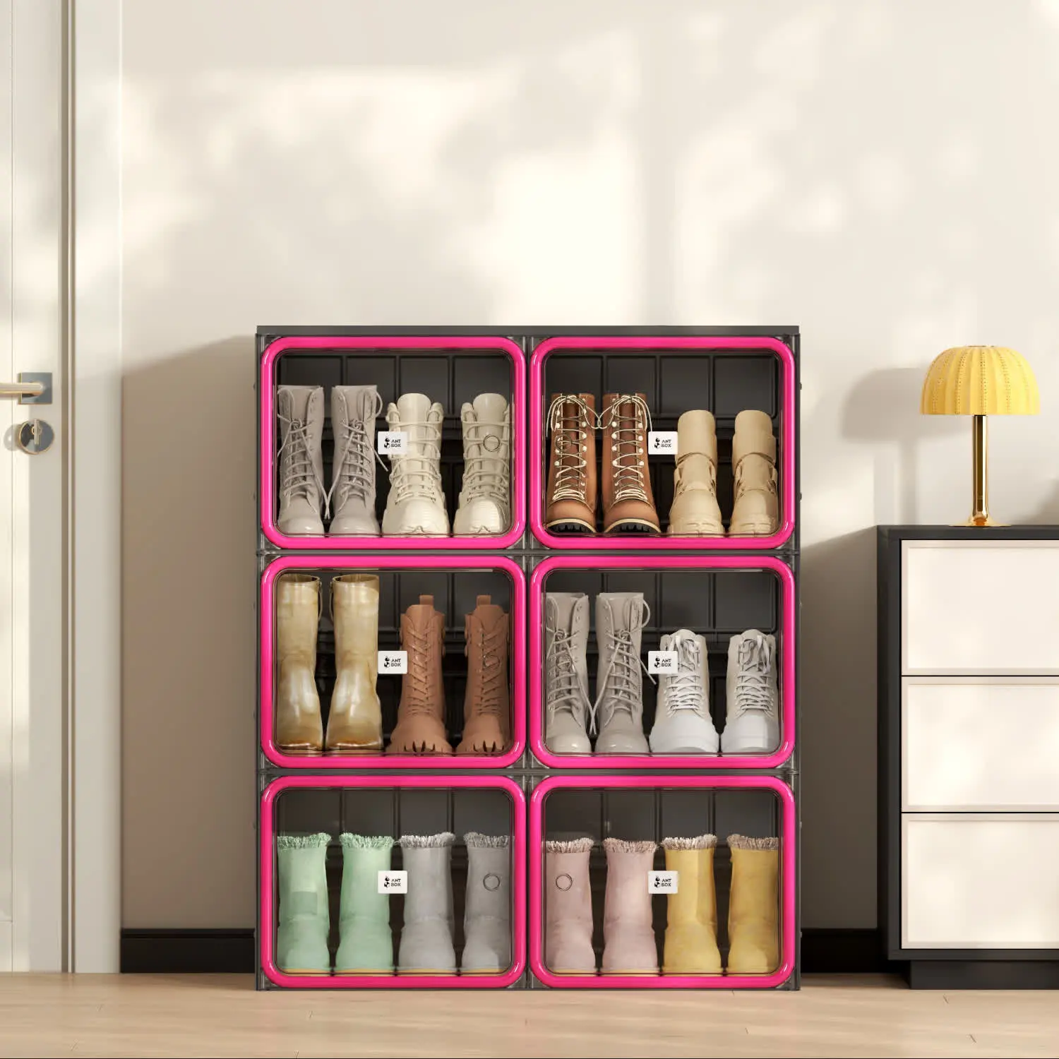 ANTBOX Trendy Double-Column Boots & Bags Storage Cabinet - Black & Rose Red Stackable Foldable Dustproof Organizer, Clever Racks for Tall Boots, Handbags & Accessories, Closet Storage System for Shoe Organization (3/4/5 Tier), Stackable Storage
