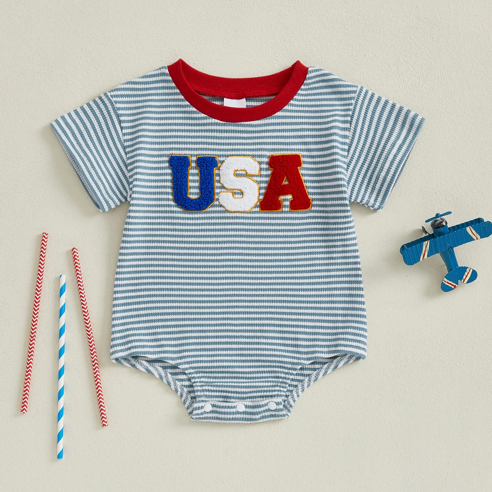 Afunbaby Newborn Infant Baby Boy 4th of July Romper Jumpsuit Short Sleeve Round Neck Letter USA Embroidery Striped Romper Onesie Bodysuit 0-18 Months
