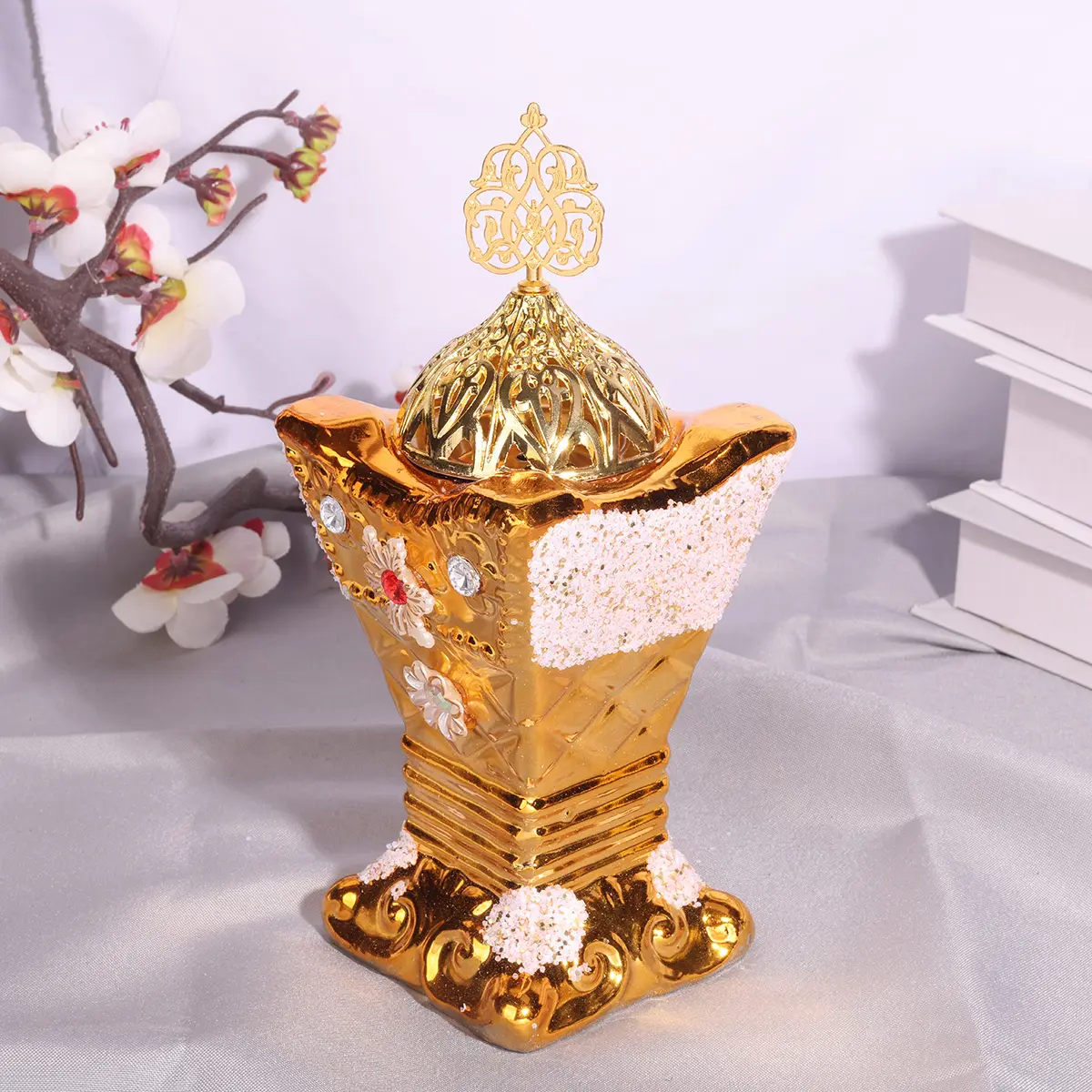 Arabian Palace Style Ceramic Incense Burner, Square Bukhoor Holder, Bakhoor Burner for Weddings, Home Gatherings, Parties, Table Decor, Decorative Piece, Valentine's Gift, Thoughtful Gift, Floral Flower