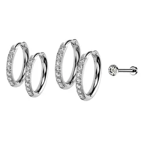 Set of Titanium and Crystal Threadless Stud and Hoop Earrings