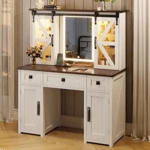 43.3" Farmhouse Makeup Vanity Desk with Lighted Mirror & Charging Station, Dressing Table with Sliding Barn Door Hidden Shelves, 3 Drawers & 4 Cabinets, Beige