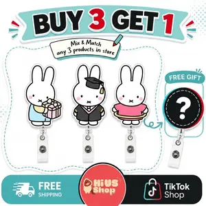 [BUY 3 GET 1 FREE] Cute Miffy Bunny Badge Reel, Cute Retractable ID Holder, Durable Clip for Students, Nurses, Teachers and Officer Staff  - Gift For Miffy Lovers
