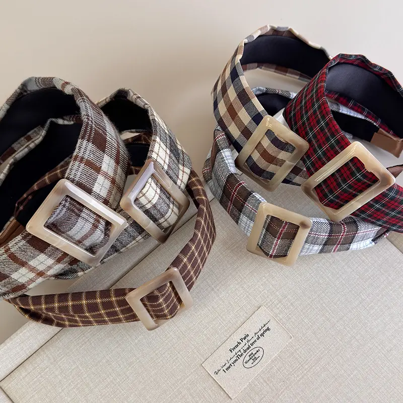 Vintage coffee plaid headband wide edge square buckle headband hair accessories college style headgear