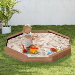 【GARVEE】Octagonal Wooden Sandbox with Cover, Large Outdoor Sandpit Featuring 4 Sturdy Benches and Canopy for Comfortable Playtime