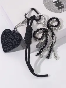 Leopard Print Heart Rope Bag Pendants, Black & Silver Beaded Bag Chain Charms, Braided Rope & Carabiner Bag Charm Pendants, Edgy Y2K Bag Decoration Keychain, Cool Bag Pendant for Backpack Purse, Purse Accessories, Stylish Backpack Charm