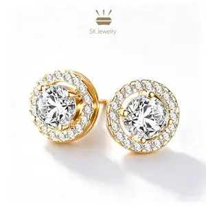 Real 14K Gold Halo Stud Earrings for Women – Sparkling CZ AU750 Hypoallergenic Luxury Jewelry