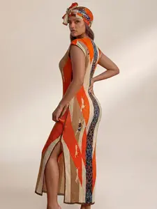 Women's Elegant Aesthetic Animal Print Robe Set, Multicolor Shawl Moomoo Dress Sleeveless + Long Headscarf Silk Scarf, Beach Sun Protection Satin Scarf Beachwear