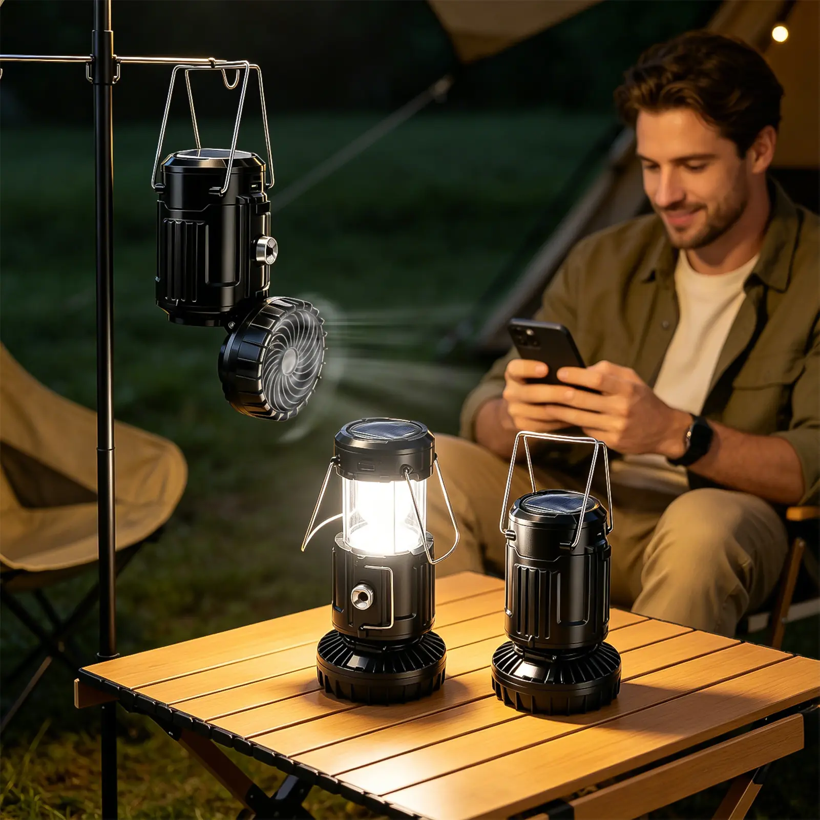 ISUNMEA 2-in-1 solar fan and lantern, outdoor camping light, three charging modes, hanging and waterproof, suitable for camping, power outages, emergencies, hot weather, and mountain climbing High Lumen Flashlight