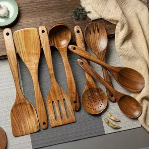 8-Piece Wooden Cooking Spoon Set, Smooth Teak Utensils, Comfortable Kitchen Tools, Non-Stick Wood Spoons, Wishing Tree Series