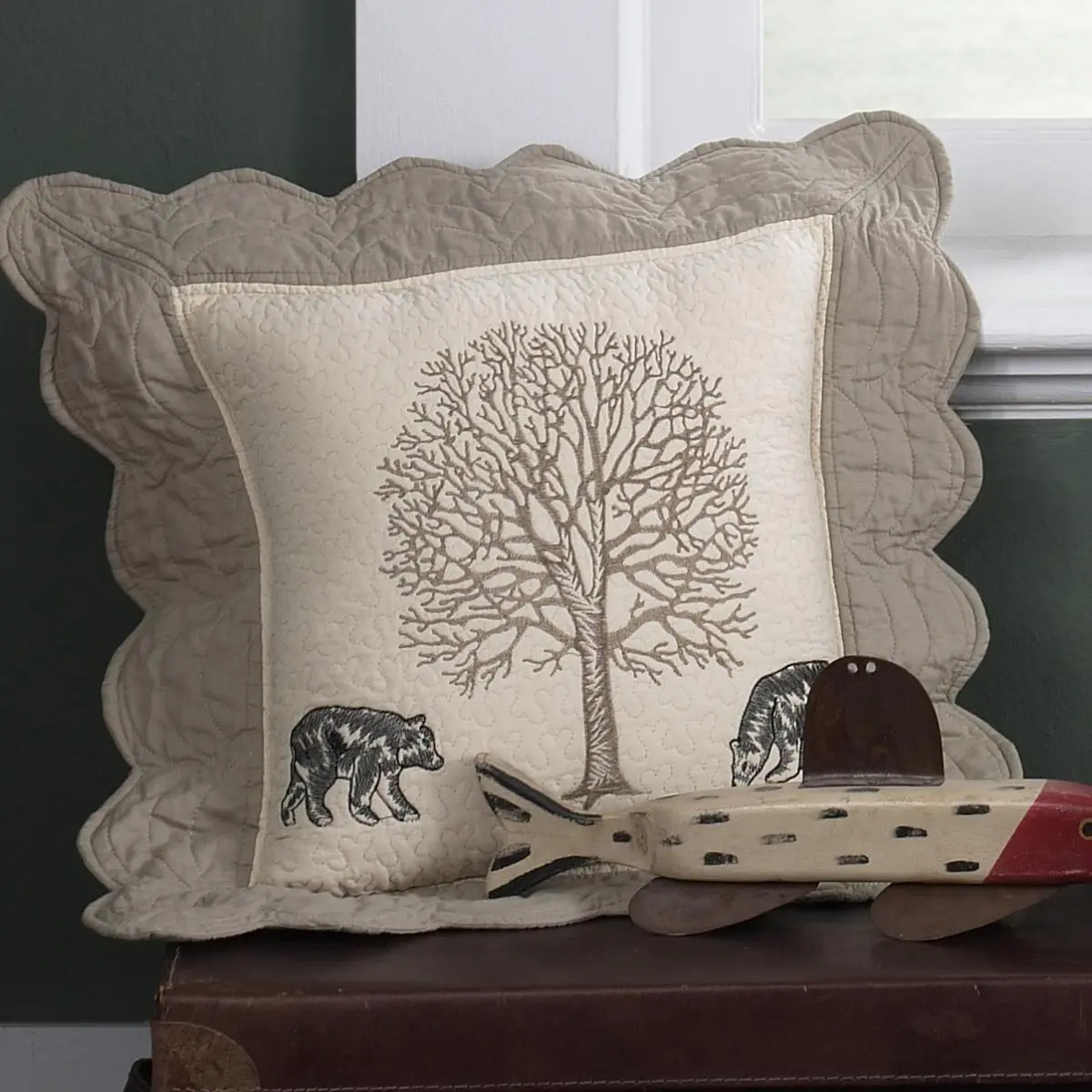 American Heritage Textiles 95301 15"x15" Embroidery Decorative Pillow - Ivory Fabric, Quilted Scalloped Edges, Bear Creek Bears Nature Theme Design, Multi-Color, for Indoor Home Décor, Quilted Edge