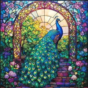 Stained Glass Peacock Hydrangea Garden 5D Full Drill Diamond Painting Kit Tiffany Style Art Nouveau Floral Bird Mosaic DIY Cross Stitch Craft Elegant Home Wall Decor Handmade Gift for Bird & Art Lovers