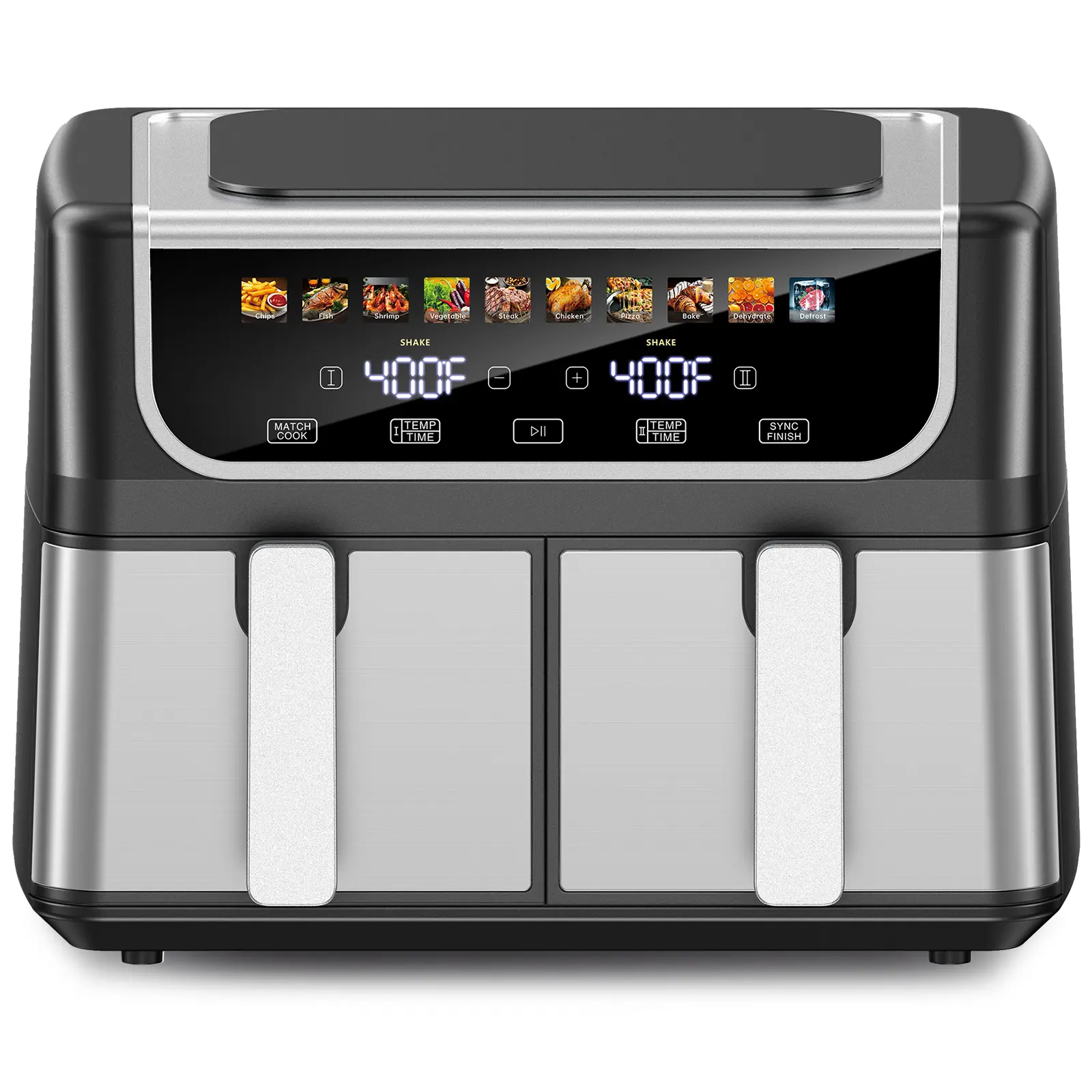 9QT Dual Basket Air Fryer, 2 Independent 4.5Qt Baskets with Sync Finish & Hi-Fry, Double Digital Oven with Easy-View Windows, Nonstick Dishwasher-Safe, Auto Shutoff - Black