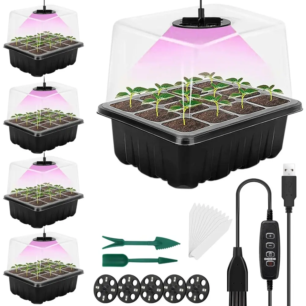 2026 New Seed Starter Tray with Grow Light, 5 Pack Seed Starter Kit with Timing Controller Adjustable Brightness, Thicken Seedling Starter Trays with Humidity Domes Heightened Lids, Plant Growing Set Planting Kit