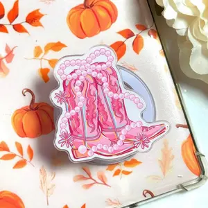 Aesthetic Pearl Bow Cowgirl Boots Magnetic Phone Grip Summer Vibes Howdy Beach Ribbon Magsafe Kickstand, Trendy Coastal Western Gift For Her