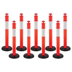 VEVOR 9 Pack Traffic Delineator Posts, 48 inches Traffic Safety Cones with Fillable Base and Reflective Strips, Heavy Duty Delineator Posts for Construction Site, Parking Lot, Crowd Control, Red