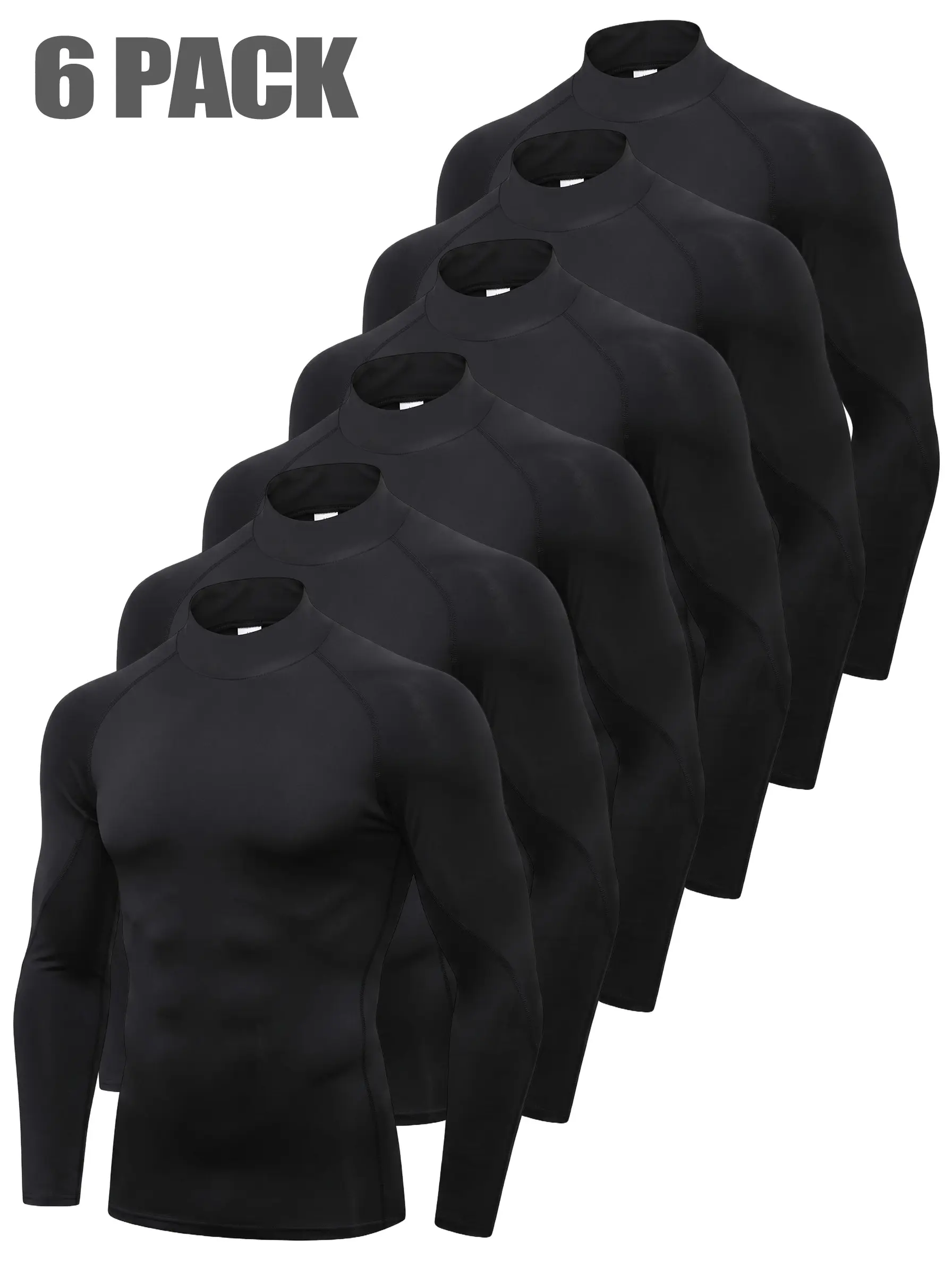 6 Pack Compression Tops for Men Long Sleeve Mens Running Top Quick Dry Turtleneck Base Layer Top for Gym Sports Fitness Workout Cycling Footbal