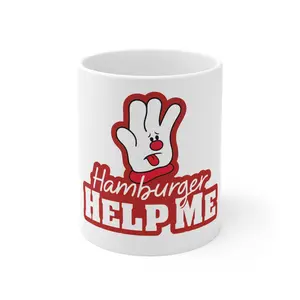 Hamburger Help Me Mug | Retro Hand Character, Funny Food Phrase