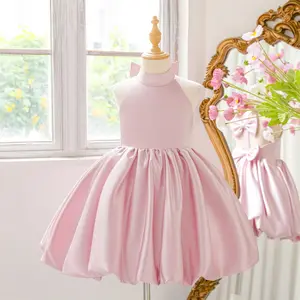 3-8Y Dark Pink 6112 Kids Clothes Flower Girls Frock Halter Neck Bow Backless Ball Gown Pageant Children Elegant Princess Prom Host Formal Evening Party Banquet Cocktail Dress
