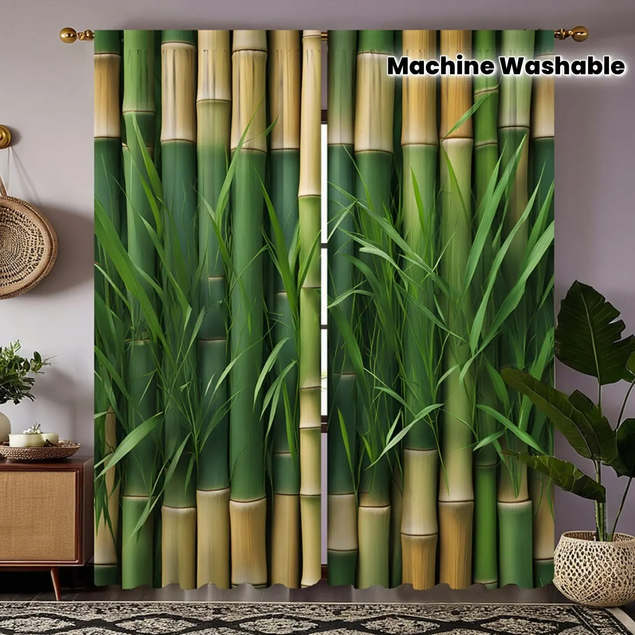 2pcs Bamboo Forest Curtains Rod Pocket Design, Zen-Inspired Drapes for Minimalist Home Decor, Perfect for Kitchen and Living Room